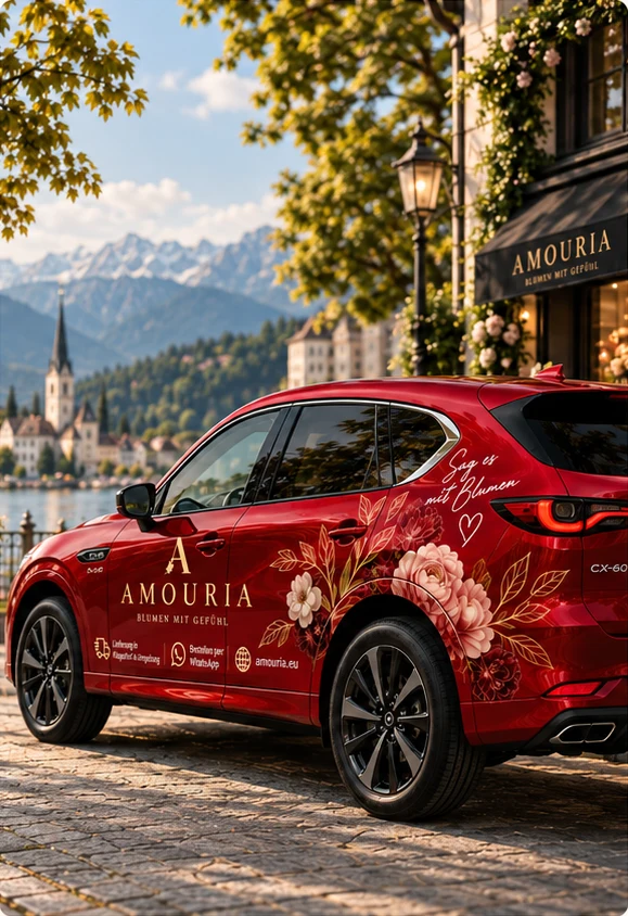 Amouria Blumenlieferung in Klagenfurt mit rotem Mazda CX-60