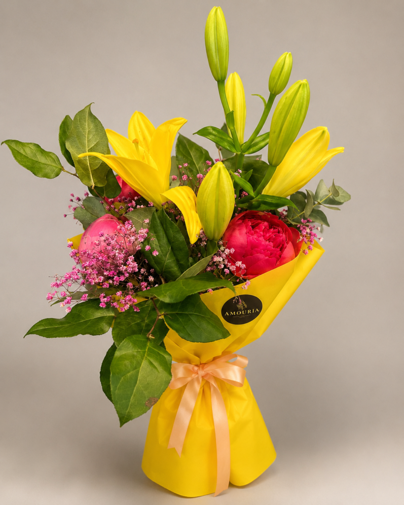 Amouria Blumen Klagenfurt Kärnten Lieferung online bestellen Blumenstrauß Lilien Gypsofilia Pfingstrosen