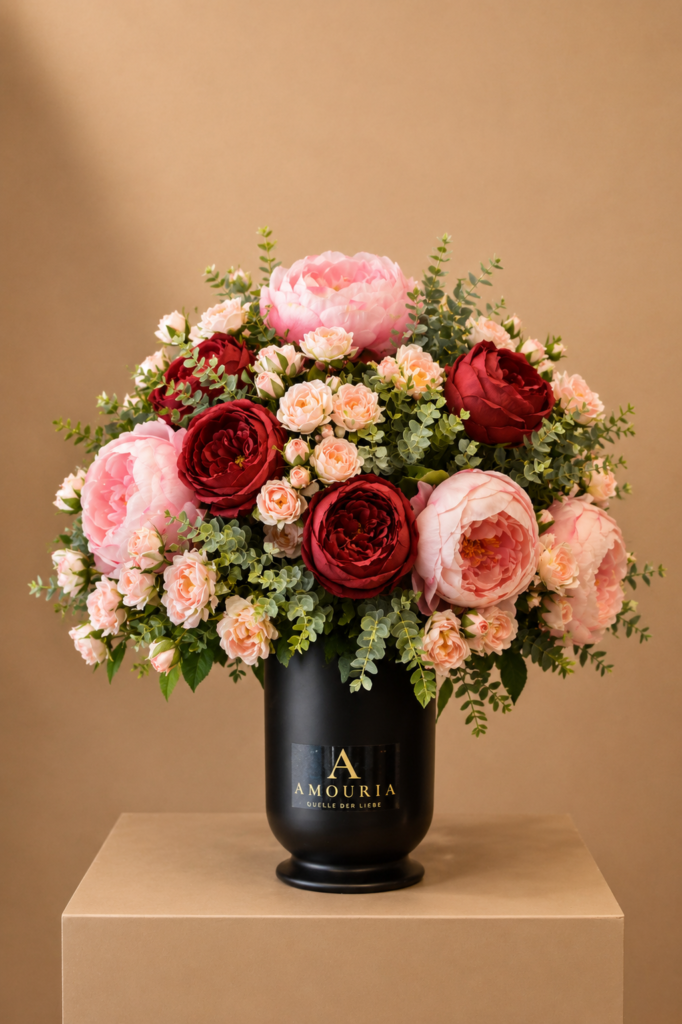 Amouria Blumen Klagenfurt Kärnten Lieferung online bestellen Blumenstrauß Pfingstrosen Sprayrosen Eucalyptus